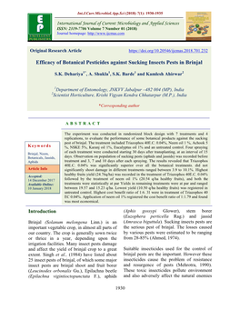 Efficacy of Botanical Pesticides Against Sucking Insects Pests in Brinjal