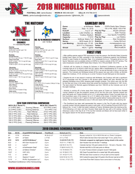 2018 Nicholls Football Nicholls 2018Overall Team TEAM Statistics STATISTICS (As of Sep 10, 2018) All Games