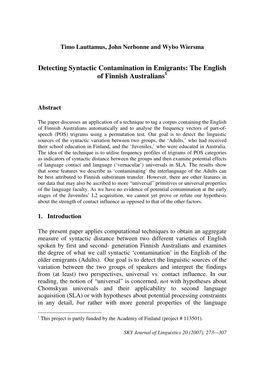 Detecting Syntactic Contamination in Emigrants: the English of Finnish Australians 1