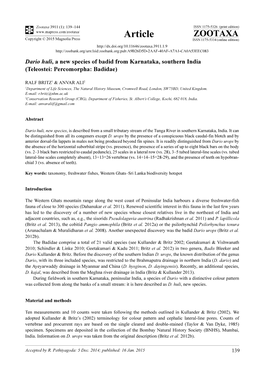 Dario Huli, a New Species of Badid from Karnataka, Southern India (Teleostei: Percomorpha: Badidae)