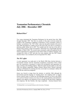 Tasmanian Parliamentary Chronicle July 2006 – December 2007