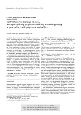 Syntrophobacter Pfennigii Sp. Nov., New Syntrophically Propionate-Oxidizing Anaerobe Growing in Pure Culture with Propionate and Sulfate