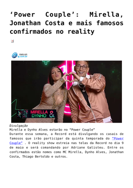 Mirella, Jonathan Costa E Mais Famosos Confirmados No Reality