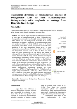 Taxonomic Diversity of Macrandrous Species of Oedogonium Link Ex Hirn (Chlorophyceae: Oedogoniales) with Emphasis on Ecology from Hooghly, West Bengal