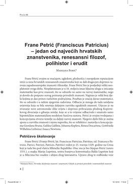 Frane Petrić (Franciscus Patricius) – Jedan Od Najvećih Hrvatskih Znanstvenika, Renesansni Filozof, Polihistor I Erudit Marijana Borić*