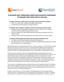 Sunedison and Terraform Power Sign Definitive Agreement to Acquire First Wind for $2.4 Billion