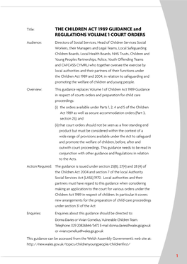 THE CHILDREN ACT 1989 GUIDANCE and REGULATIONS VOLUME 1 COURT ORDERS