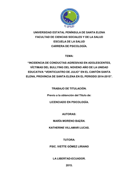 Universidad Estatal Península De Santa Elena Facultad De Ciencias Sociales Y De La Salud Escuela De La Salud Carrera De Psicología