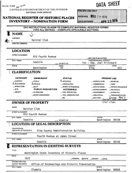 DATA SHEET ^Em UNITED STATES DEPARTMENT of the INTERIOR NATIONAL PARK SERVICE NATIONAL REGISTER of HISTORIC PLACES INVENTORY - NOMINATION FORM