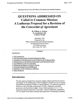 QUESTIONS ADDRESSED on Called to Common Mission: a Lutheran Proposal for a Revision of the Concordat of Agreement