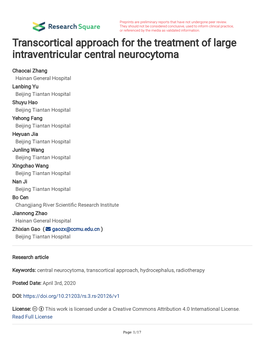 Transcortical Approach for the Treatment of Large Intraventricular Central Neurocytoma