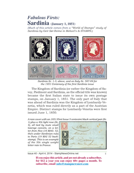 Fabulous Firsts: Sardinia (January 1, 1851) (Much of This Article Comes from a “World of Stamps” Study of Sardinia by Geir Sør-Reime in Mekeel’S & STAMPS.)