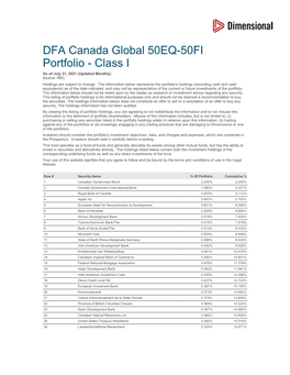 DFA Canada Global 50EQ-50FI Portfolio - Class I As of July 31, 2021 (Updated Monthly) Source: RBC Holdings Are Subject to Change