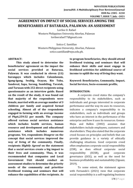 AGREEMENT on IMPACT of SOCIAL SERVICES AMONG the BENEFICIARIES at BATARAZA, PALAWAN: an ASSESSMENT Lorilee O