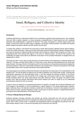 Israel, Refugees, and Collective Identity Written by Eliran Kirschenbaum