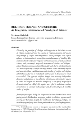 RELIGION, SCIENCE and CULTURE an Integrated, Interconnected Paradigm of Science1