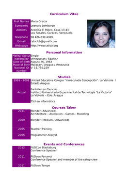 Curriculum Vitae Personal Information Studies Courses Taken Events And