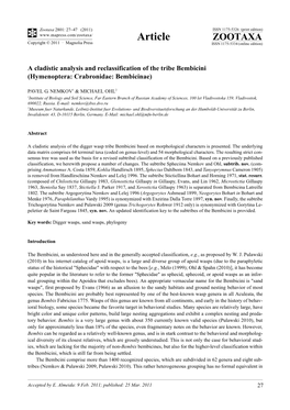 A Cladistic Analysis and Reclassification of the Tribe Bembicini (Hymenoptera: Crabronidae: Bembicinae)