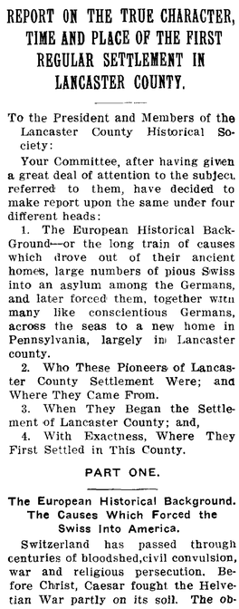 Report on the True Character, Time and Place of the First Regular Settlement in Lancaster County