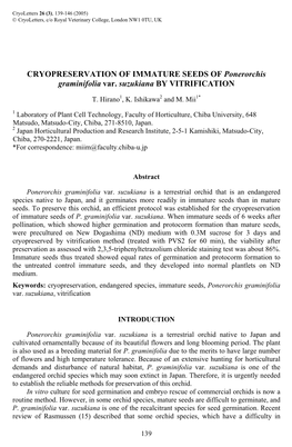 Cryopreservation of Immature Seeds of <I>Ponerorchis Graminifolia</I