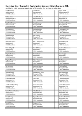 Register Över Boende I Fastigheter Ägda Av Stadsholmen AB