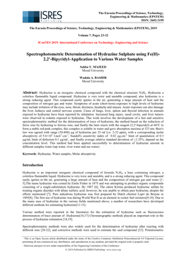 Spectrophotometric Determination of Hydrazine Sulphate Using Fe(II)- 2,2'-Bipyridyl-Application to Various Water Samples