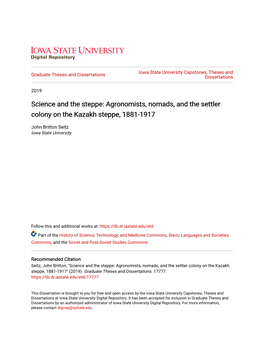 Agronomists, Nomads, and the Settler Colony on the Kazakh Steppe, 1881-1917