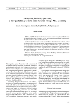 Pachyseius Friedrichi, Spec. Nov., a New Pachylaelapid Mite from Bavarian Prealps Mts., Germany