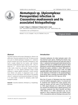 Nematopsis Sp. (Apicomplexa: Porosporidae) Infection in Crassostrea Madrasensis and Its Associated Histopathology