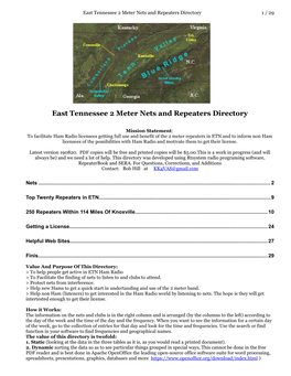 East Tennessee 2 Meter Nets and Repeaters Directory 1 / 29