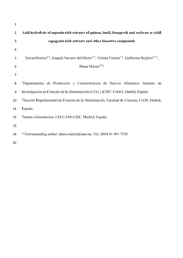 Acid Hydrolysis of Saponin-Rich Extracts of Quinoa, Lentil, Fenugreek and Soybean to Yield