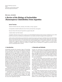 Review Article a Review of the Biology of Eucharitidae (Hymenoptera: Chalcidoidea) from Argentina