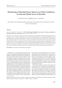 Monitoring of Harmful Insect Species in Urban Conditions in Selected Model Areas of Slovakia