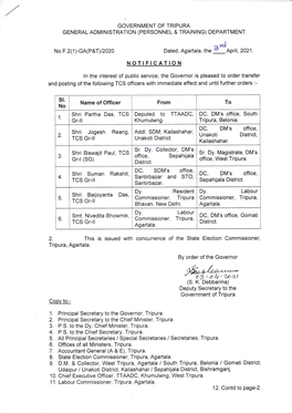 R; No.F.2(1)-GA(P&T)/2020 Dated, Agartala, the C DC, DM's Office, Dy