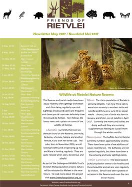 Dates Newsletter May 2017 / Nuusbrief Mei 2017 Wildlife At