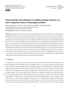 Characteristics and Robustness of Agulhas Leakage Estimates: an Inter-Comparison Study of Lagrangian Methods Christina Schmidt1, Franziska U