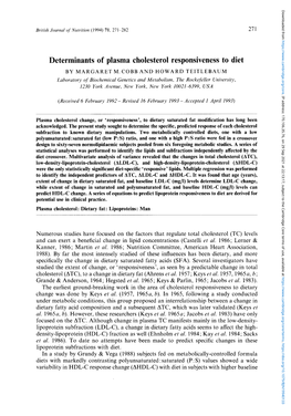 Determinants of Plasma Cholesterol Responsiveness to Diet by MARGARET M