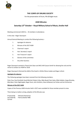 THE CORPS of DRUMS SOCIETY AGM Minutes Saturday 13Th October – Royal Military School of Music, Kneller Hall