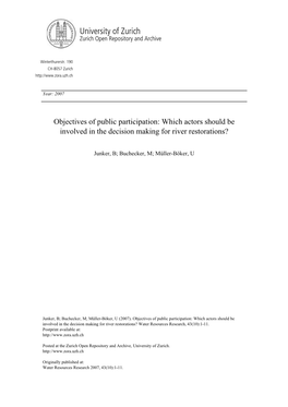 Objectives of Public Participation: Which Actors Should Be Involved in the Decision Making for River Restorations? Water Resources Research, 43(10):1-11