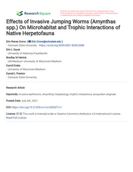 (Amynthas Spp.) on Microhabitat and Trophic Interactions of Native Herpetofauna