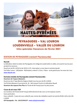 PEYRAGUDES – VAL LOURON LOUDENVIELLE – VALLÉE DU LOURON Infos Spéciales Vacances De Février 2021