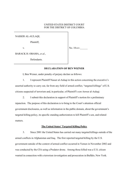 UNITED STATES DISTRICT COURT for the DISTRICT of COLUMBIA NASSER AL-AULAQI, Plaintiff, V. BARACK H. OBAMA, Et Al., Defendants. N