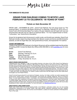 Grand Funk Railroad Coming to Mystic Lake February 23 to Celebrate “50 Years of Funk”