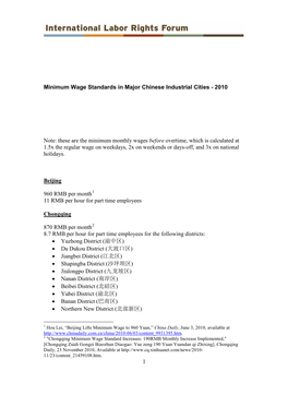 1 Minimum Wage Standards in Major Chinese Industrial Cities