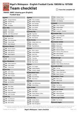 Team Checklist I Have the Complete Set 1964/65 A&BC Chewing Gum (English) Football Quiz