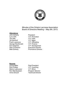 Minutes of the Ontario Lacrosse Association Board of Directors Meeting – May 8Th, 2013