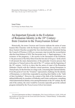 From Uniatism to the Transylvanian School
