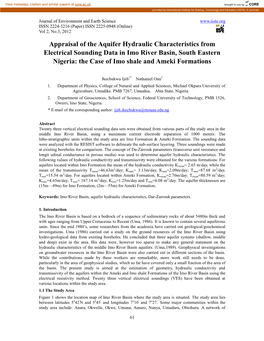 Appraisal of the Aquifer Hydraulic Characteristics from Electrical Sounding Data in Imo River Basin, South Eastern Nigeria