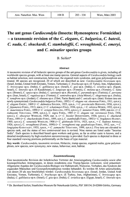 The Ant Genus Cardiocondyla (Inserta: Hymenoptera: Formicidae) - a Taxonomic Revision of the G Elegans, G Bulgarica, G Batesii, C