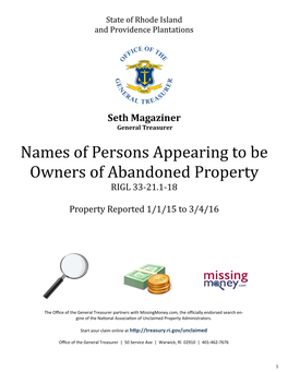 Names of Persons Appearing to Be Owners of Abandoned Property RIGL 33‐21.1‐18